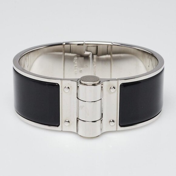Hermes Black Enamel Enamel Palladium Plated Charniere Wide Bracelet - Picture 1 of 5